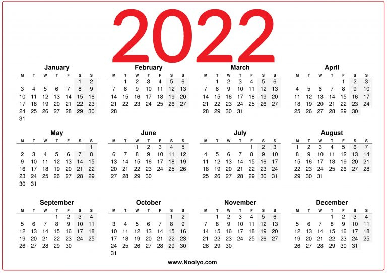 2022 Uk Calendar Printable One Page - Noolyo