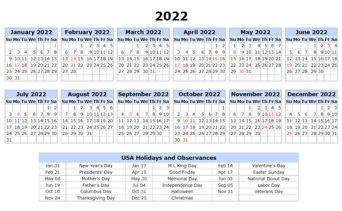 2022 Us Calendar With Holidays In Horizontal Layout In