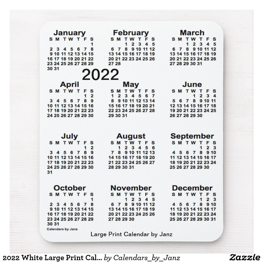 2022 White Large Print Calendar By Janz Mouse Pad | Zazzle