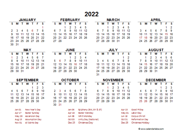 2022 Year At A Glance Calendar With Germany Holidays