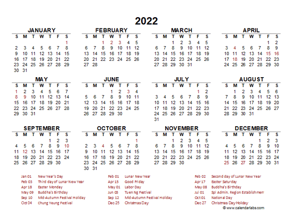 2022 Year At A Glance Calendar With Hong Kong Holidays