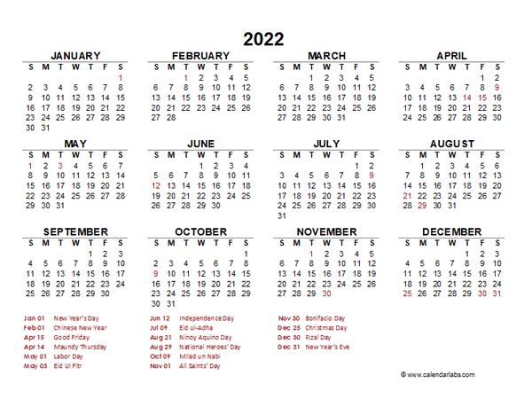 2022 Year At A Glance Calendar With Philippines Holidays