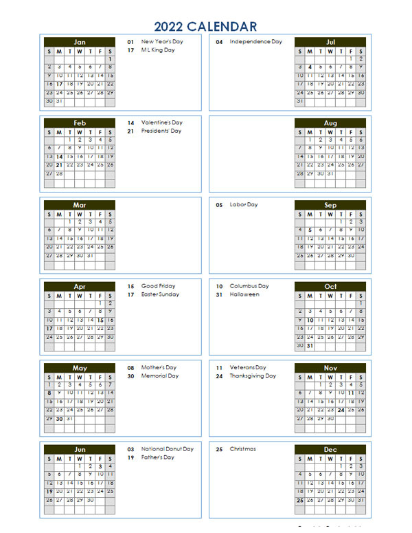 2022 Year At A Glance Word Calendar Template - Free