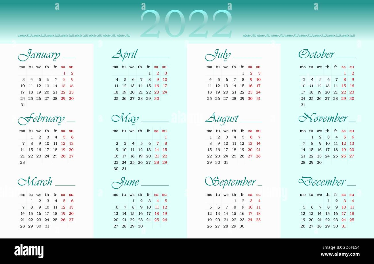 2022 Year Calendar In English. 12 Months. Week Starts On