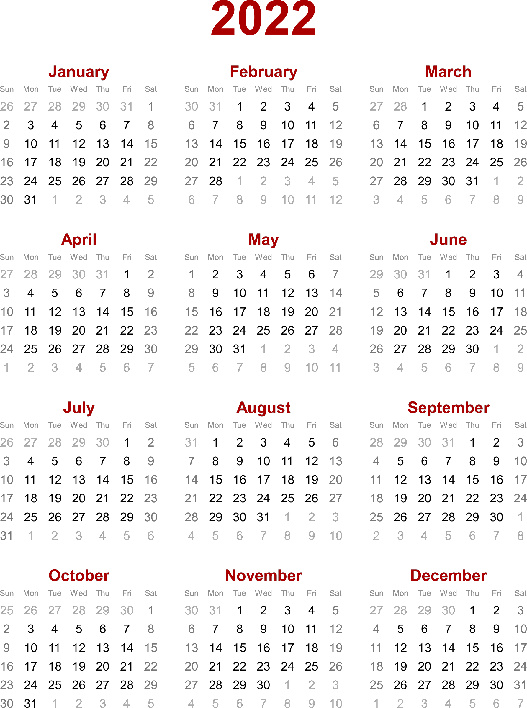 2022 Yearly 2022 Calendar With Holidays Printable | Free