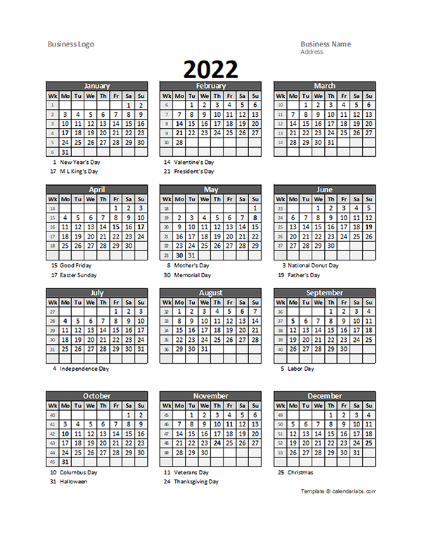 2022 Yearly Business Calendar With Week Number - Free