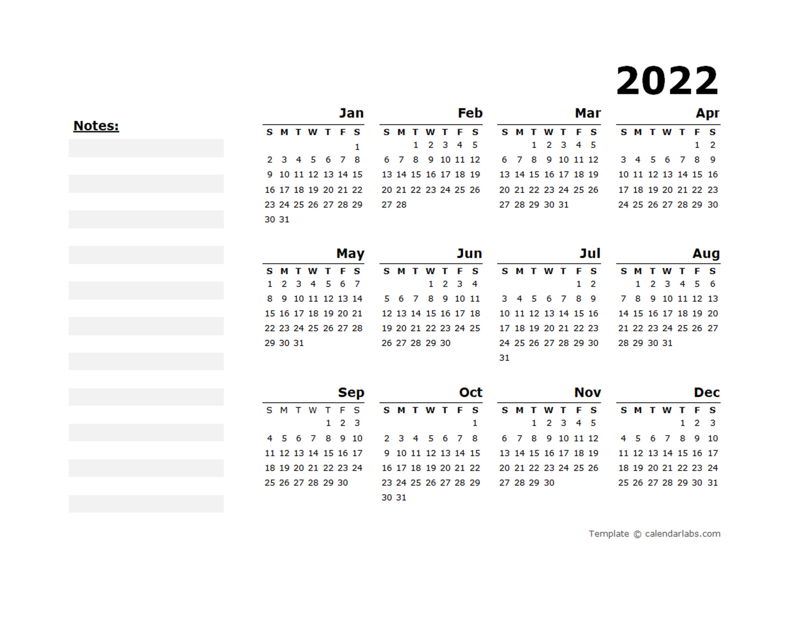 2022 Yearly Calendar Blank Minimal Design - Free Printable