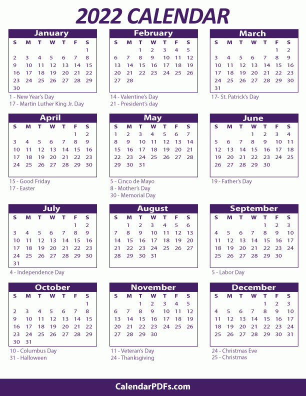 2022 Yearly Calendar - Printable One Page 12 Month Calendar