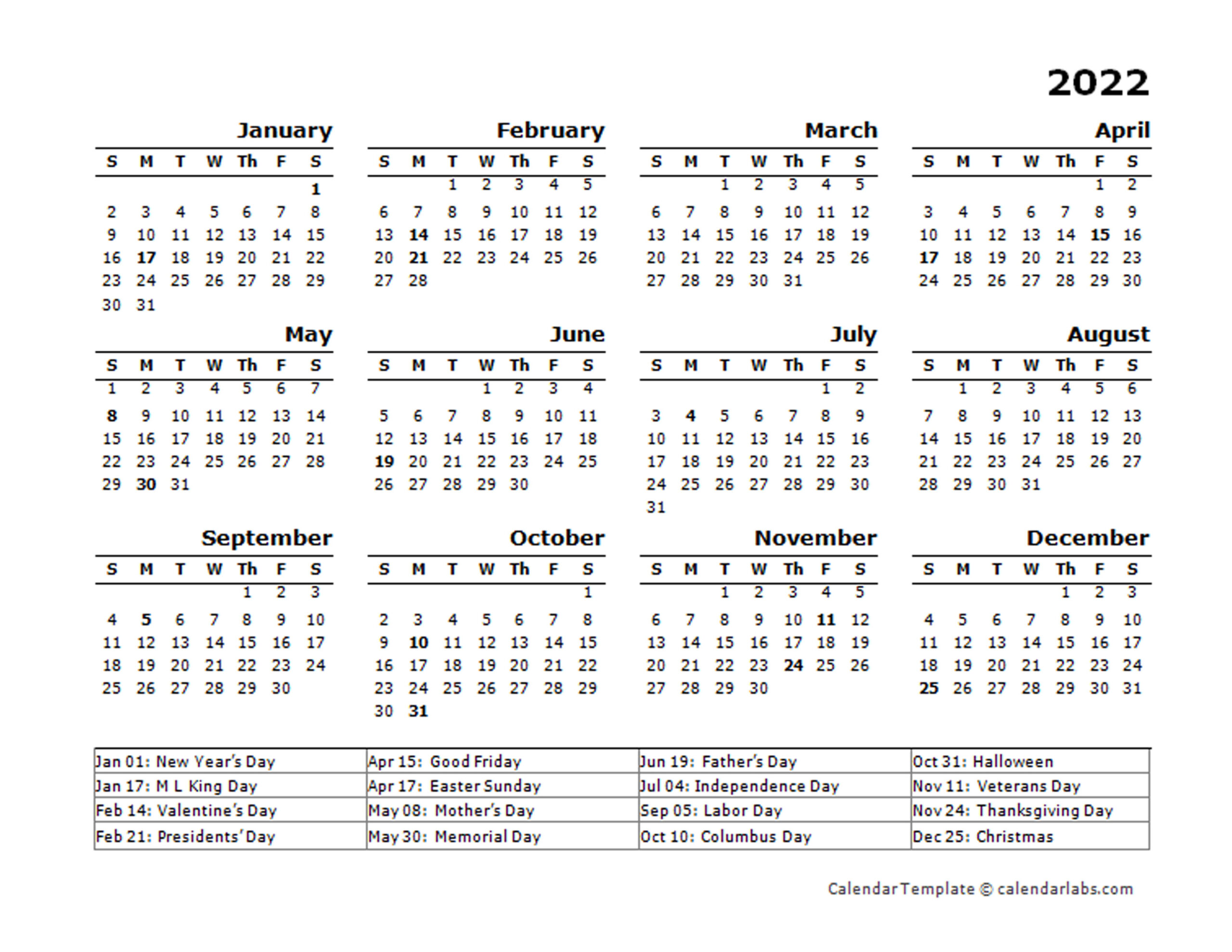 2022 Yearly Calendar Template With Us Holidays - Free