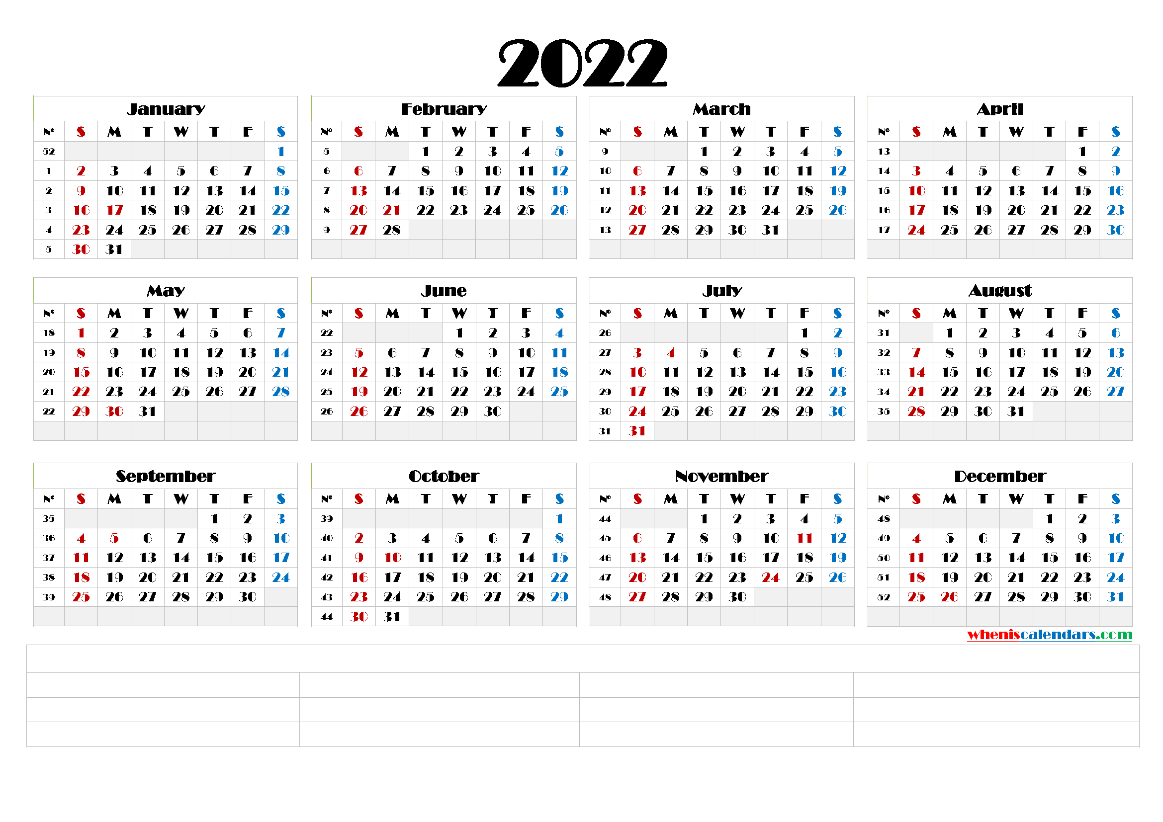 2022 Yearly Calendar Template Word - Calendraex