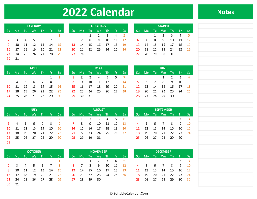 2022 Yearly Calendar With Notes