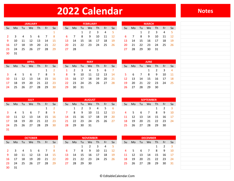 2022 Yearly Calendar With Notes