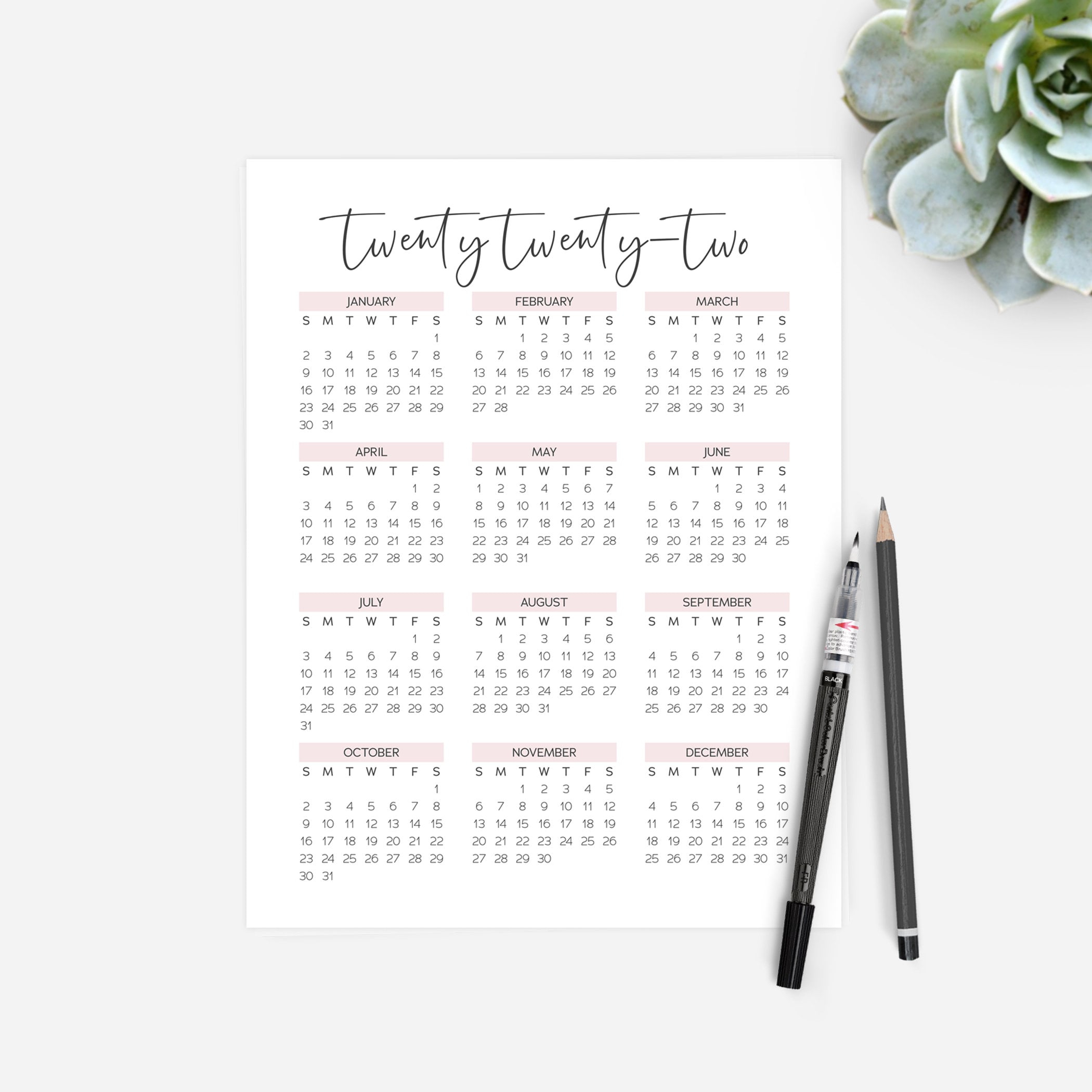 2022 Yearly Calendar Year At A Glance Calendar Blush Pink