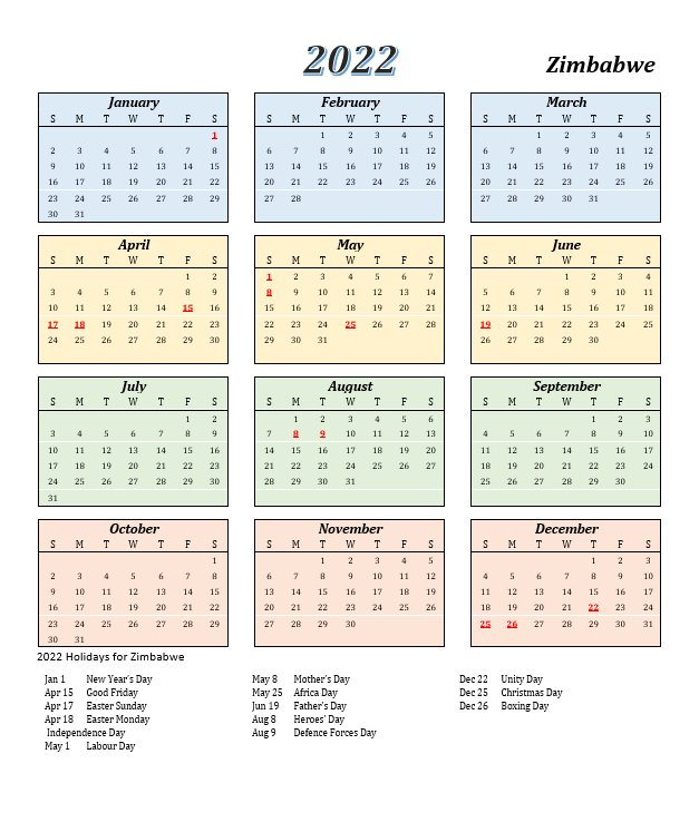 2022 Zimbabwe Calendar With Holidays | Allcalendar