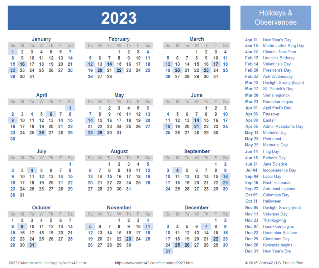 2023 Holiday Calendar - 2023 Printable Calendar