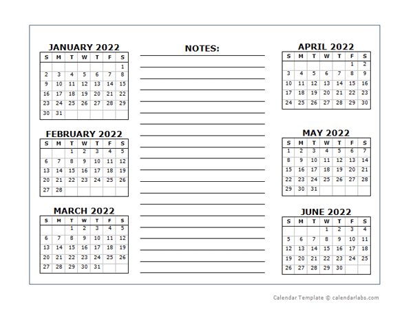 6 Months Per Page Calendar Template 2022 - Free Printable