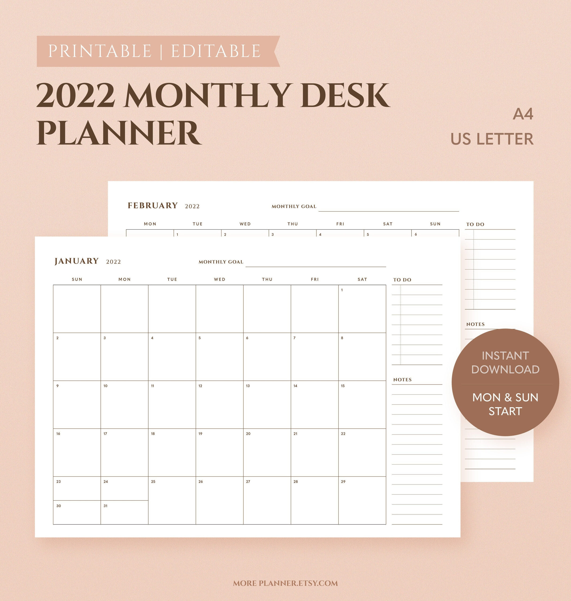 A4 Monthly Desk Calendar 2022 Printable Us Letter Size | Etsy