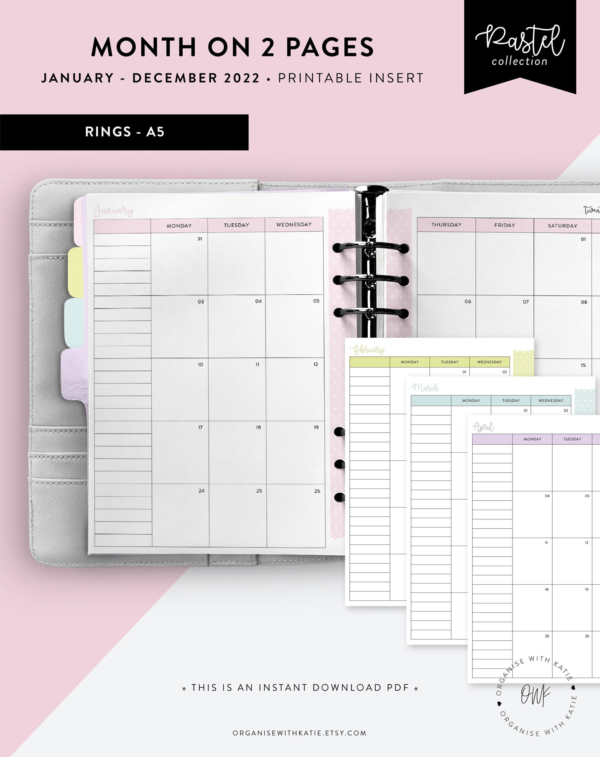 A5 2022 Monthly Planner Printable Month On 2 Pages