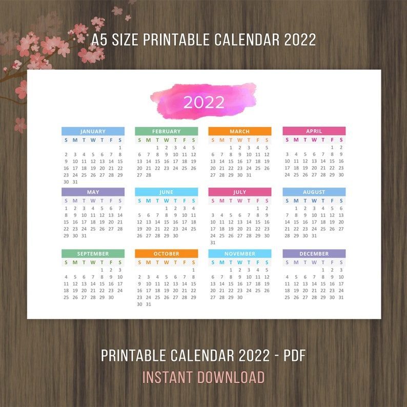 A5 Printable Calendar 2021 2022 Desktop Calendar Landscape
