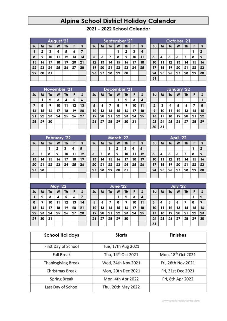 Alpine School District Calendar 2021-2022