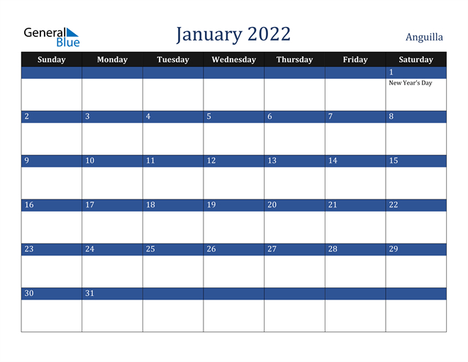 Anguilla January 2022 Calendar With Holidays