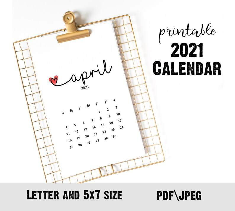 April 2021 Calendar With Heart Instant Download Pregnancy