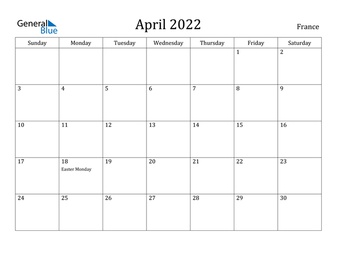 April 2022 Calendar - France