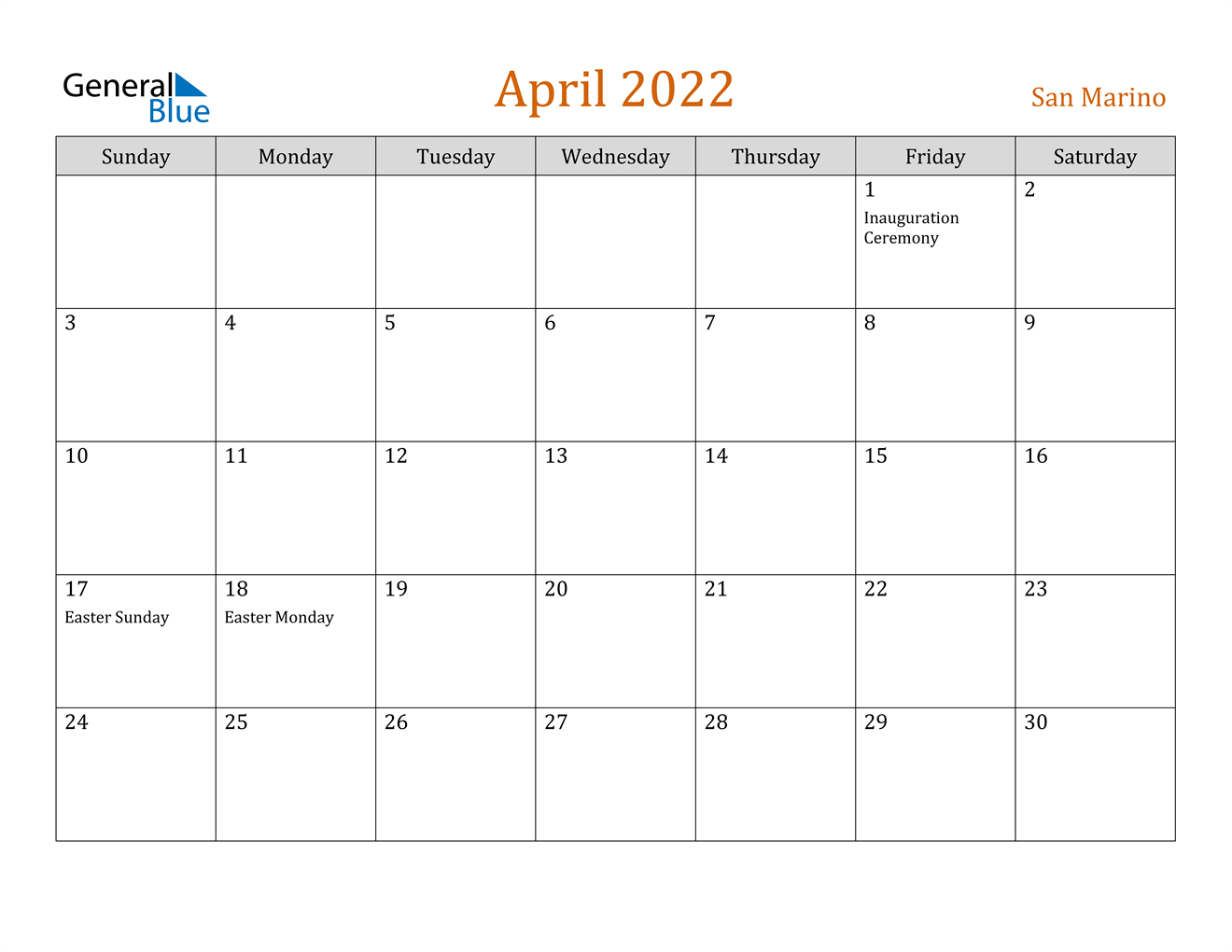 April 2022 Calendar - San Marino