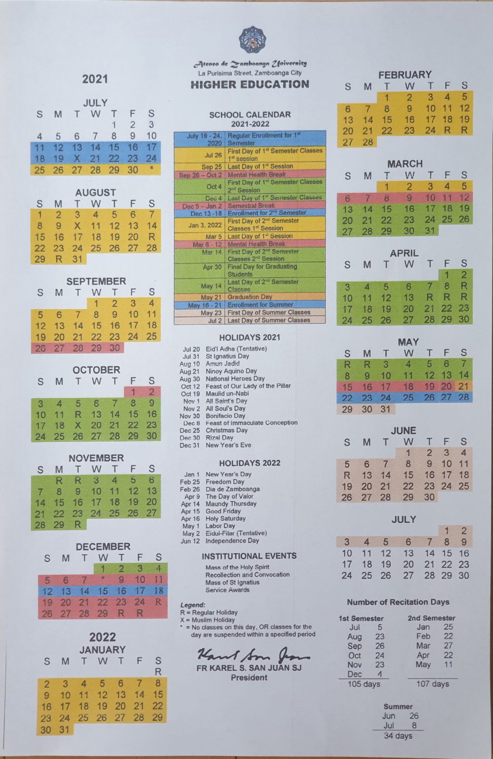 Ateneo De Zamboanga University | School Calendar Sy 2021-2022