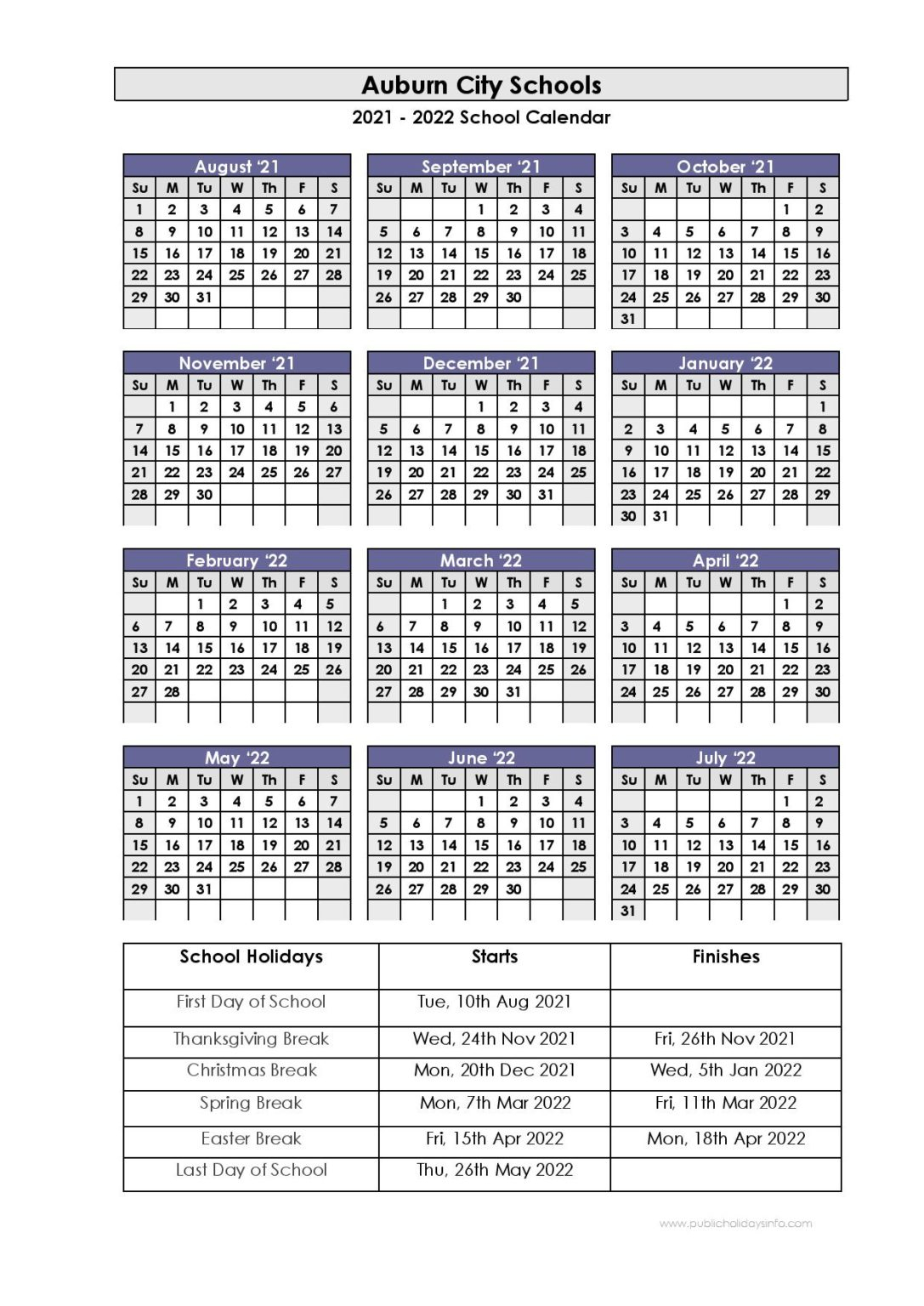 Auburn City Schools Calendar 2021-2022 In Pdf Format