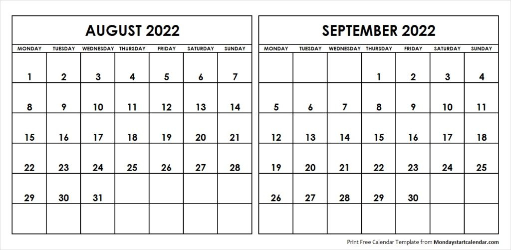 Aug Sep 2022 Calendar Monday Start | Editable Two Months