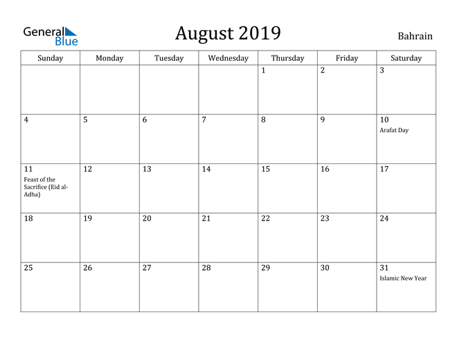August 2019 Calendar - Bahrain