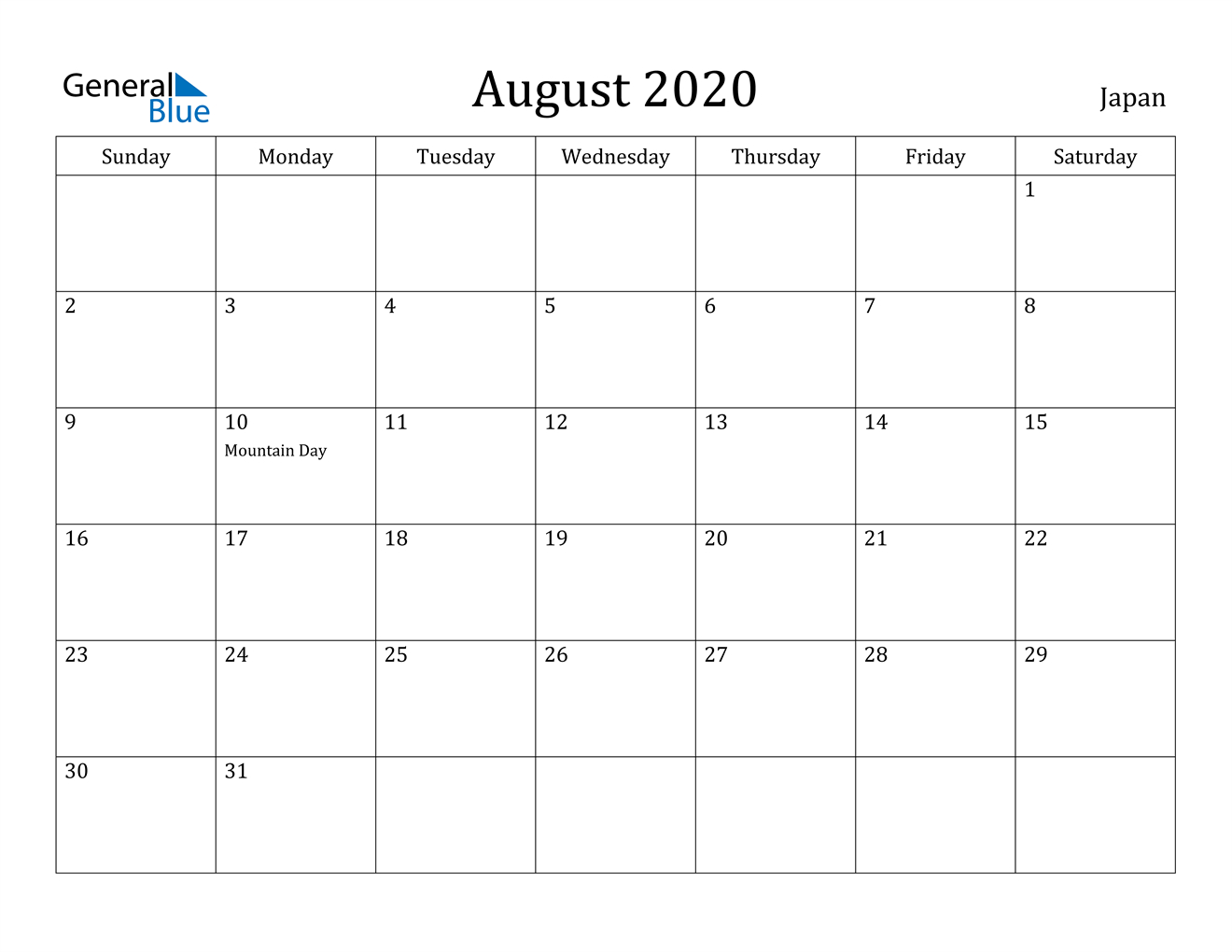 August 2020 Calendar - Japan