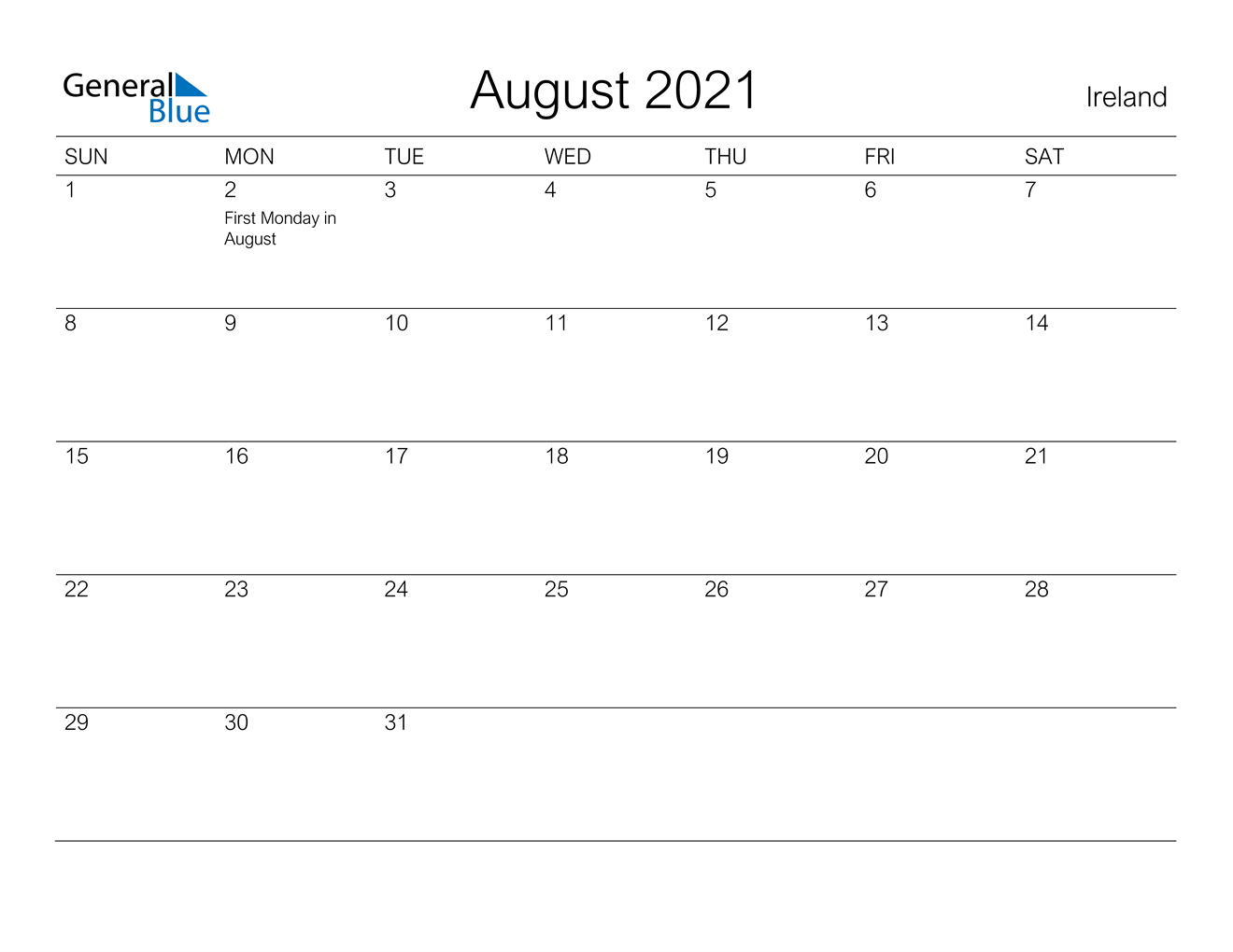 August 2021 Calendar - Ireland