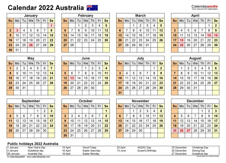 Australia Calendar 2022 - Free Printable Excel Templates