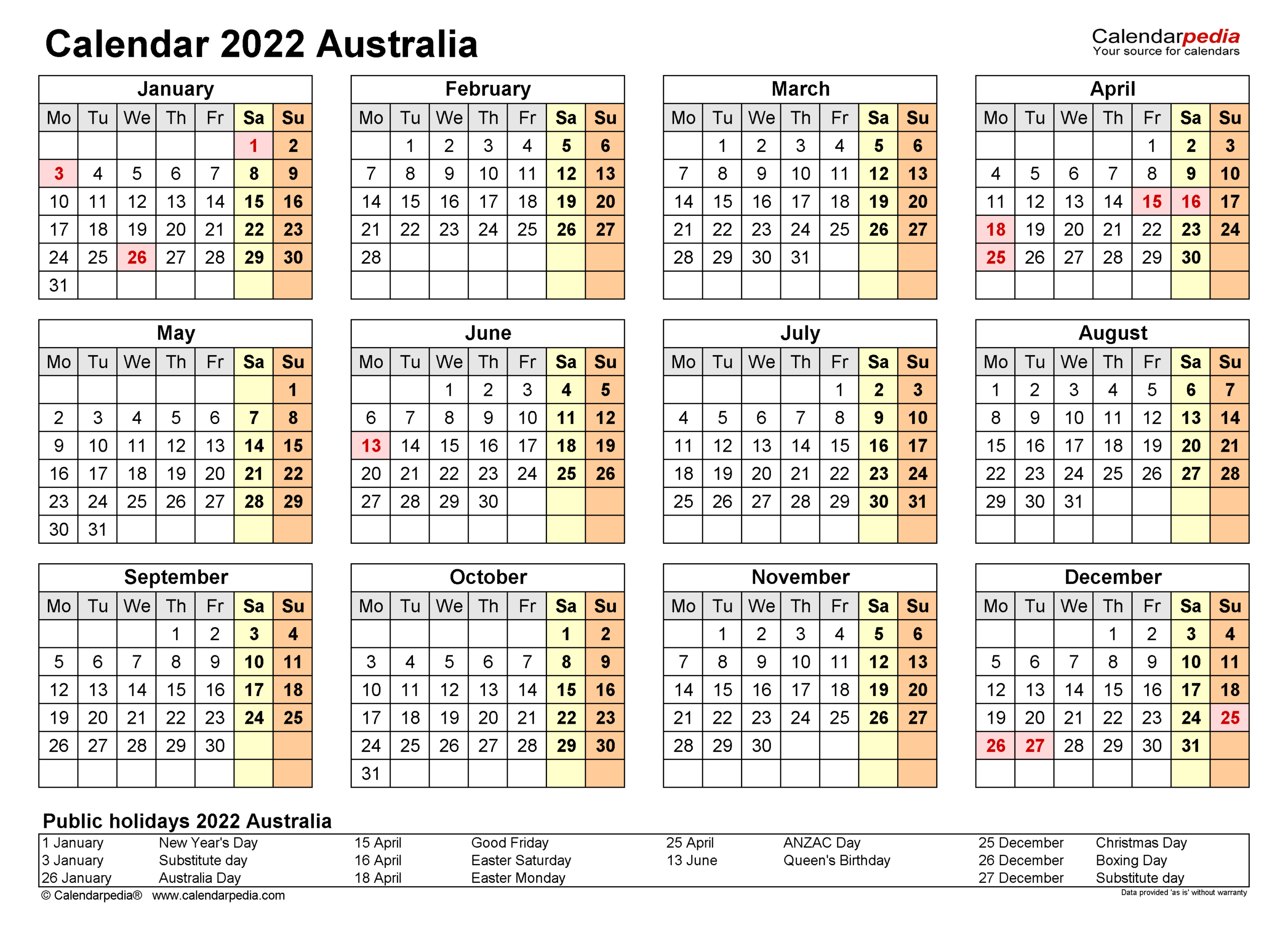 Australia Calendar 2022 - Free Printable Pdf Templates
