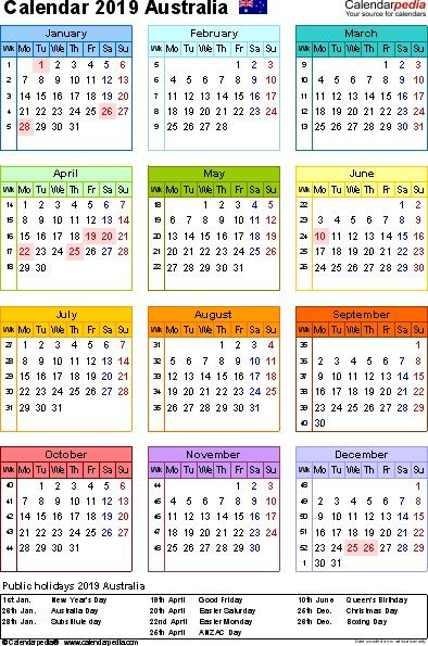Australian Calendar 2019 Printable Australia Calendar 2019