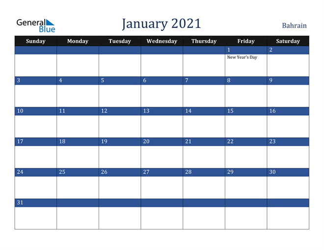 Bahrain January 2021 Calendar With Holidays