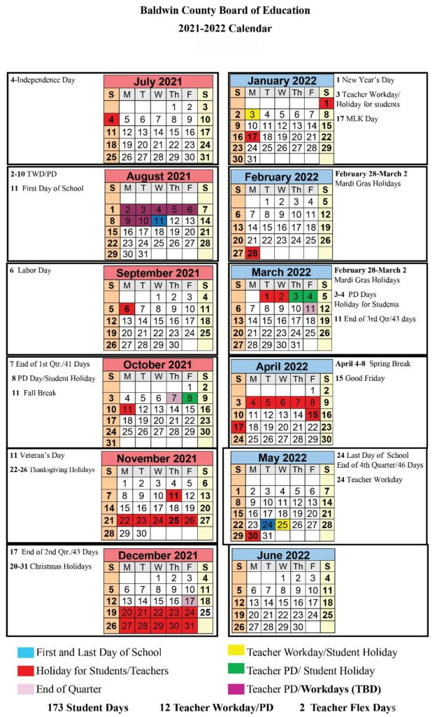Baldwin County School Calendar Holidays 2021-2022