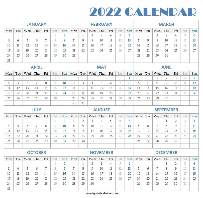 Bank Holidays 2022 Printable Calendar One Page : Print