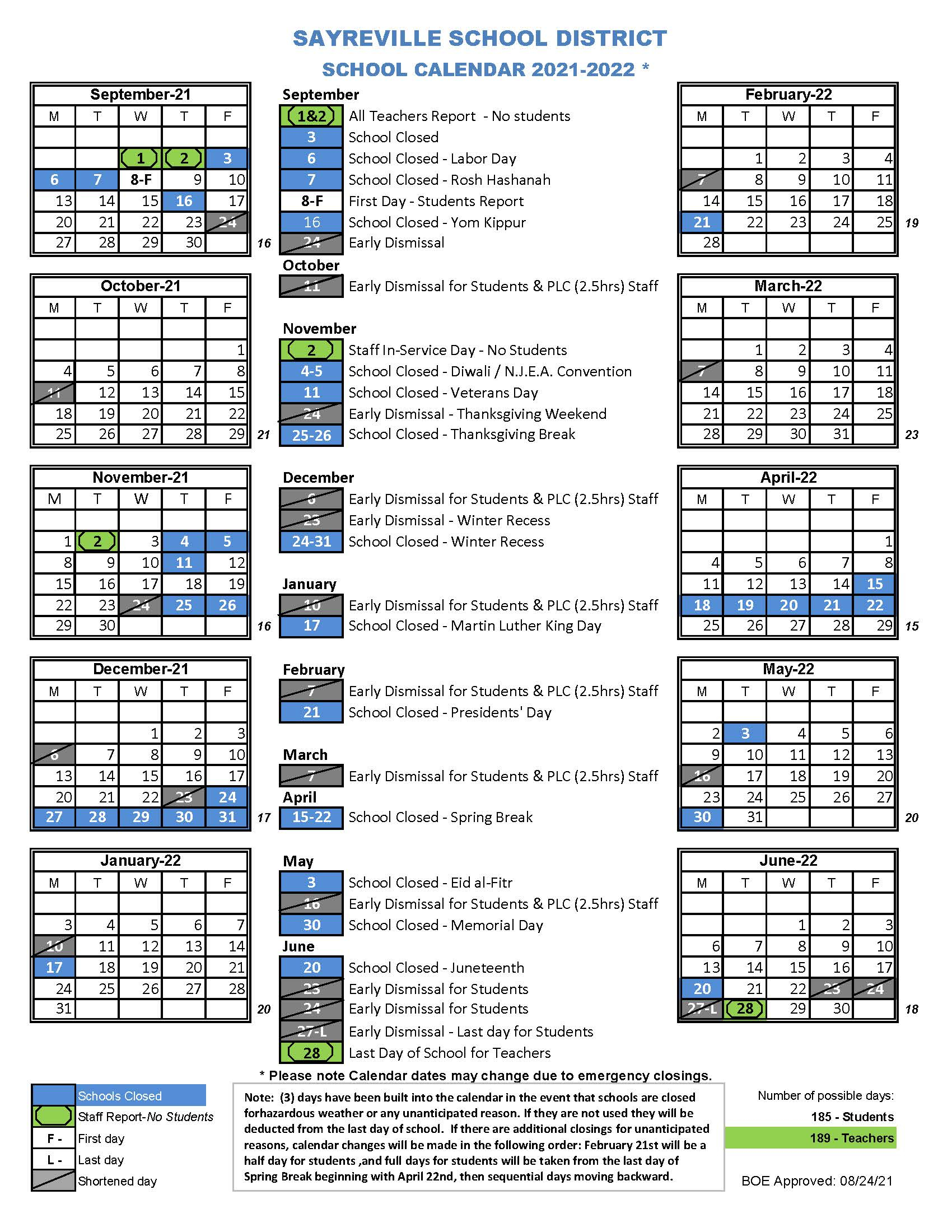 Bernards Township School Calendar 2022-2023 - January