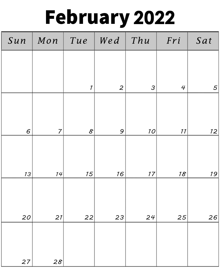 Blank February 2022 Vertical Calendar Portrait Printable