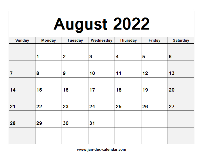 Blank Printable August Calendar 2022 Template Free