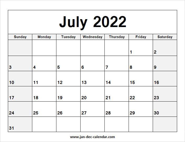 Blank Printable July Calendar 2022 Template Free