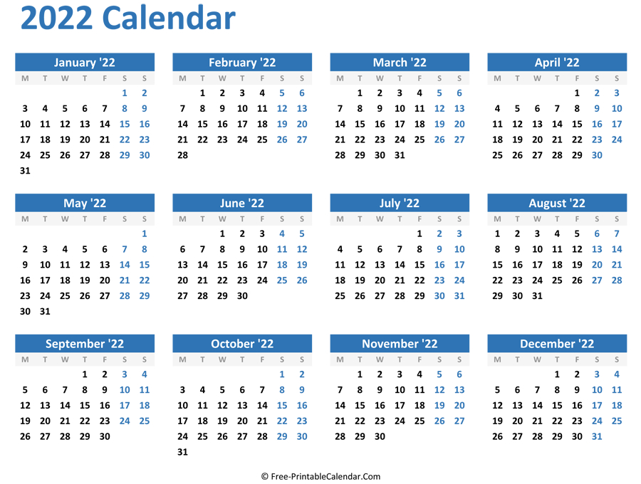 Blank Yearly Calendar 2022 (Horizontal Layout)