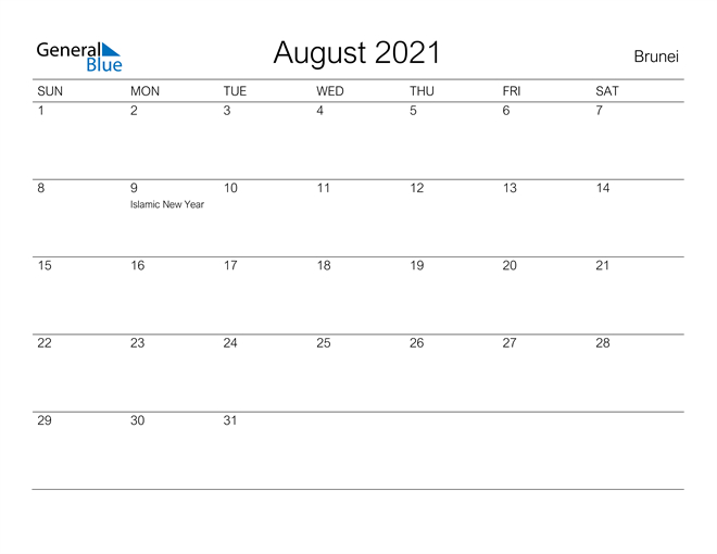 Brunei August 2021 Calendar With Holidays