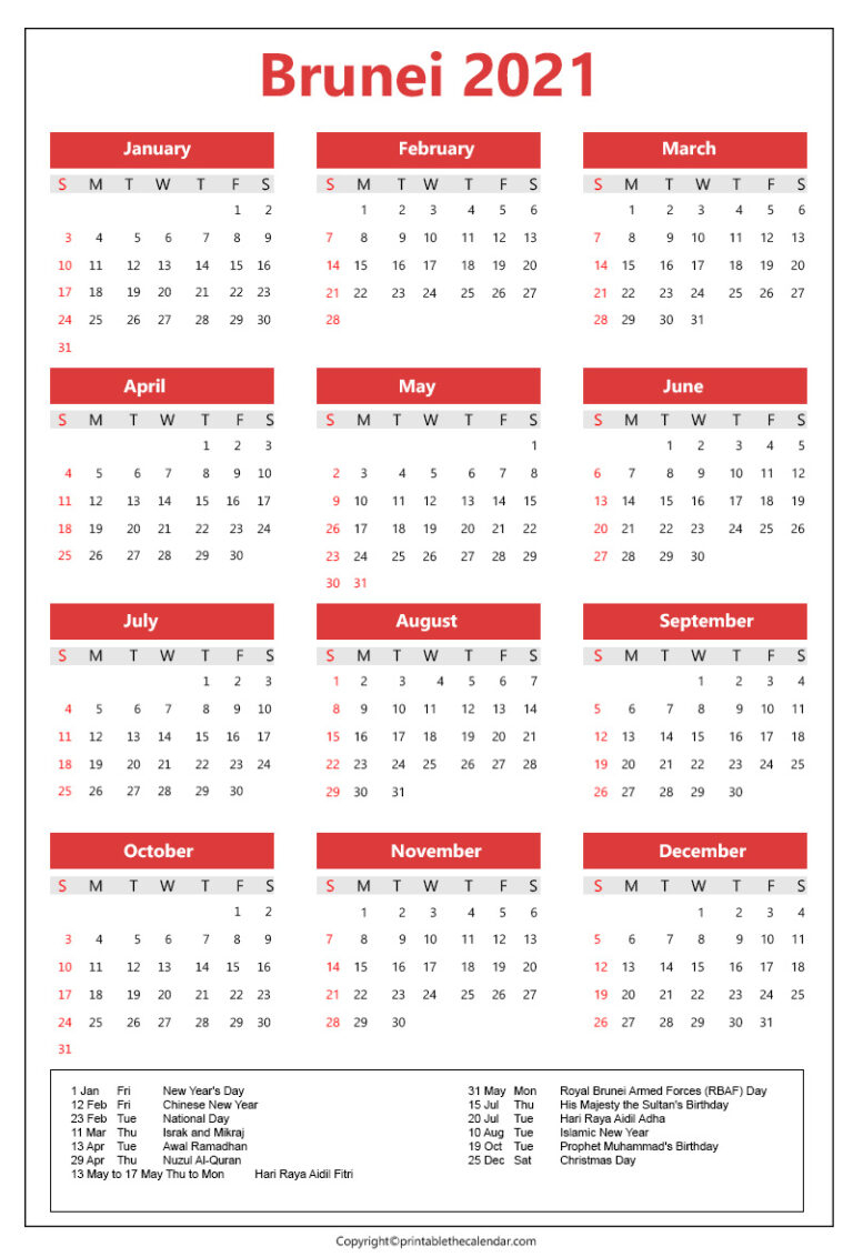 Brunei Calendar 2021 | Printable The Calendar
