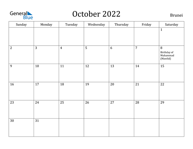 Brunei October 2022 Calendar With Holidays