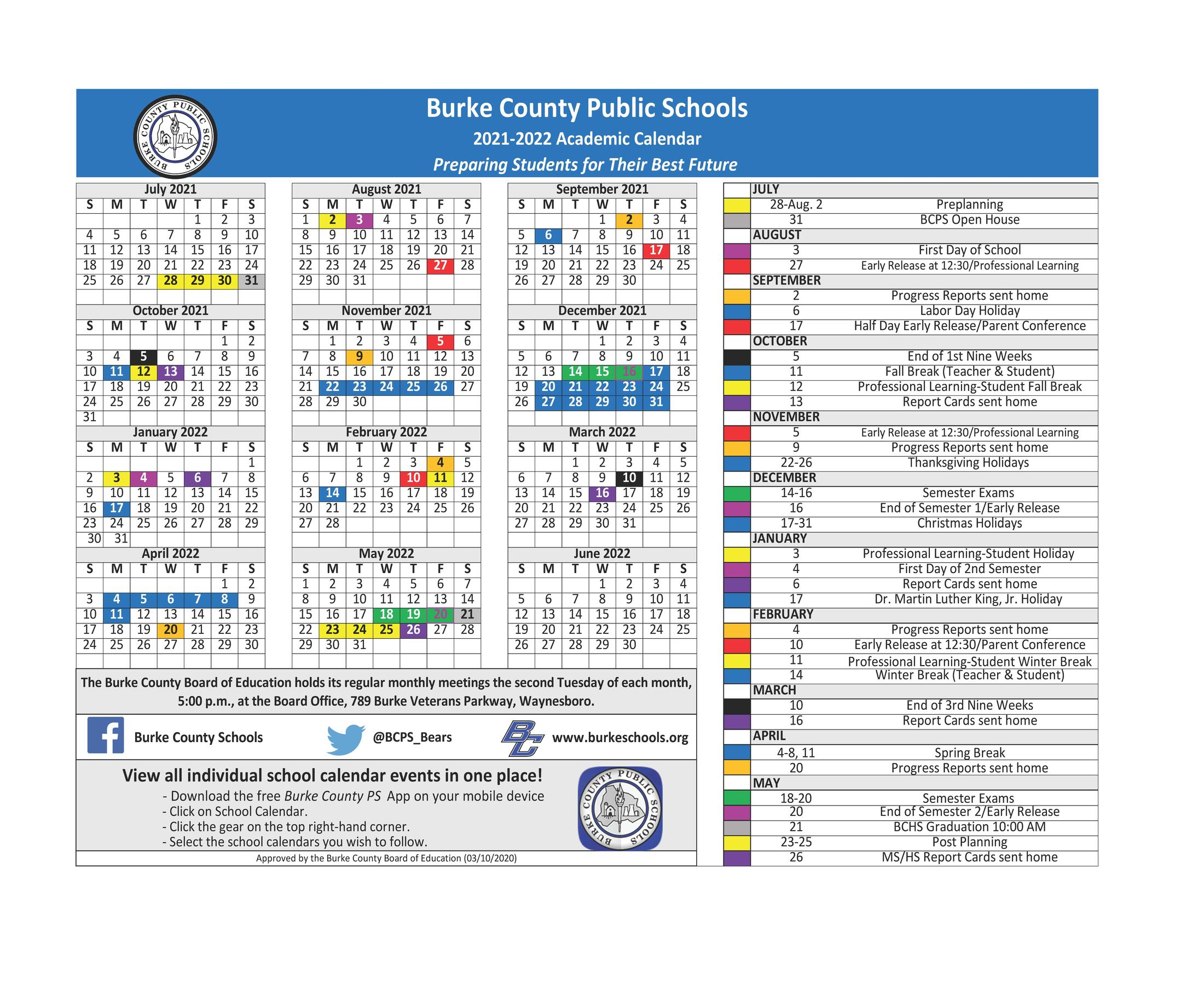 Burke County Public Schools Holiday Calendar 2021-2022