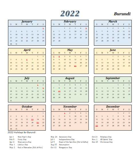 Burundi 2022 Calendar With Holidays